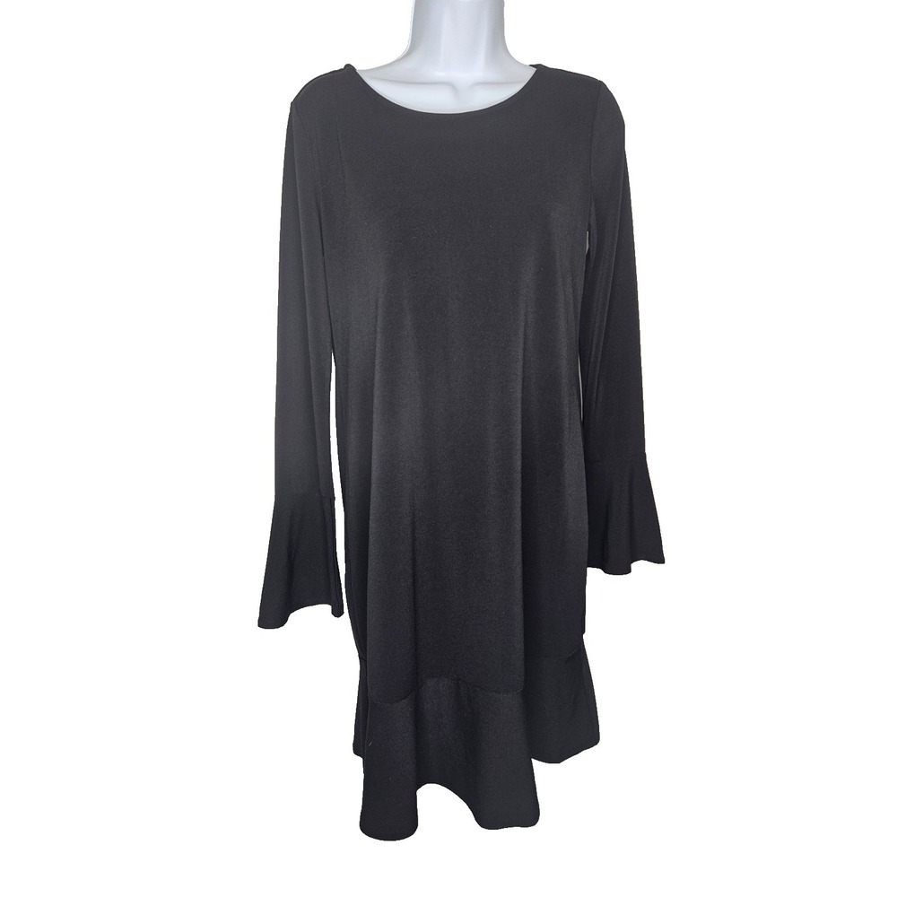 Truly Poppy Black Bell Sleeve Shift Dress Ruffle Hem Stretch S Feminine Classic